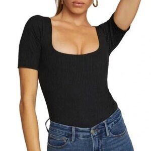 Good American‎ Bodysuit Women Small Black Ribbed Knit Square Neck Thong Gothic